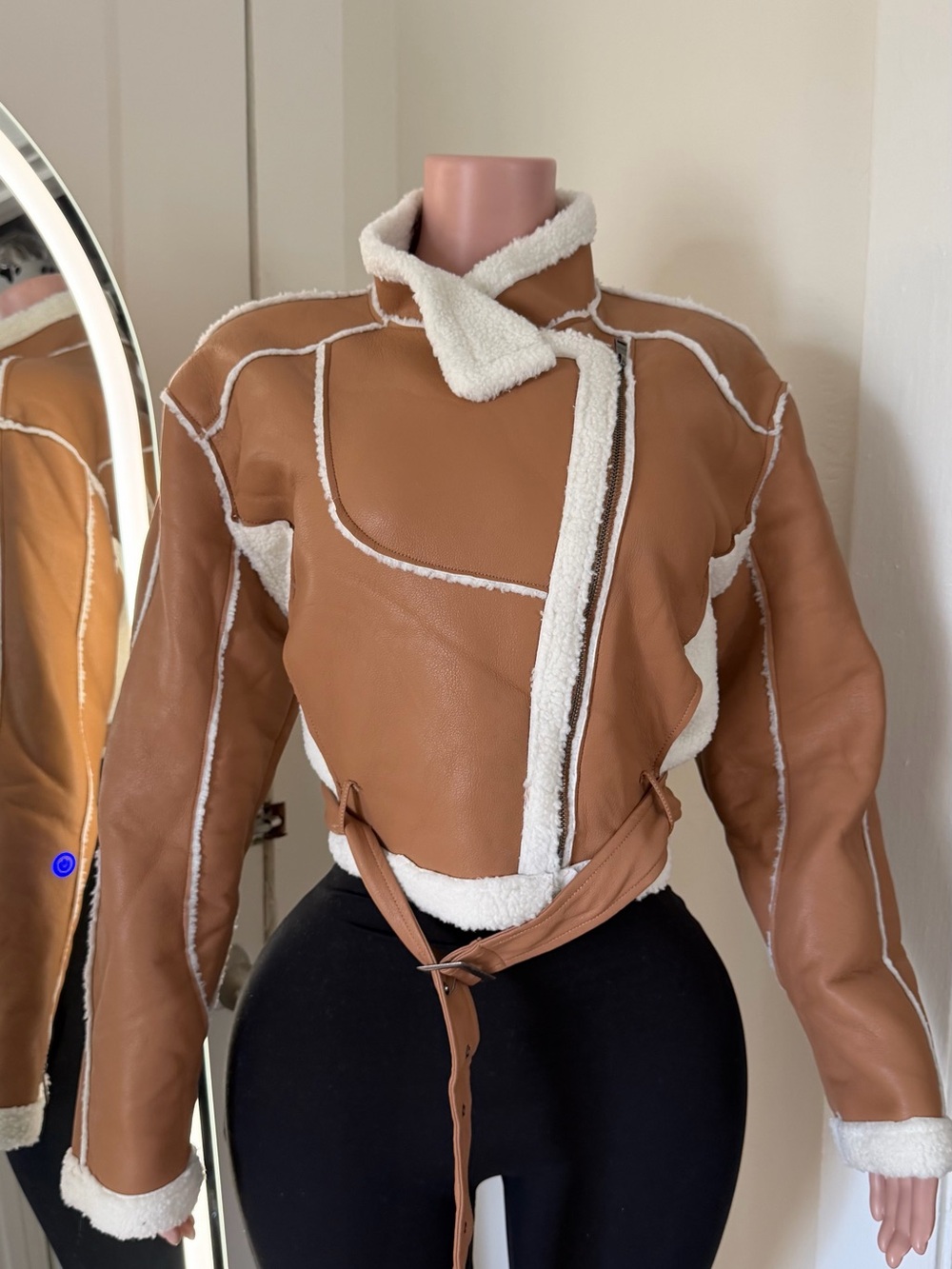 Women’s Faux Shearling Cropped Moto Jacket in Tan